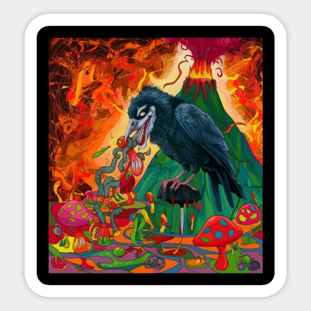 abstract art crow eating worms on mushroom Sticker by Catbrat